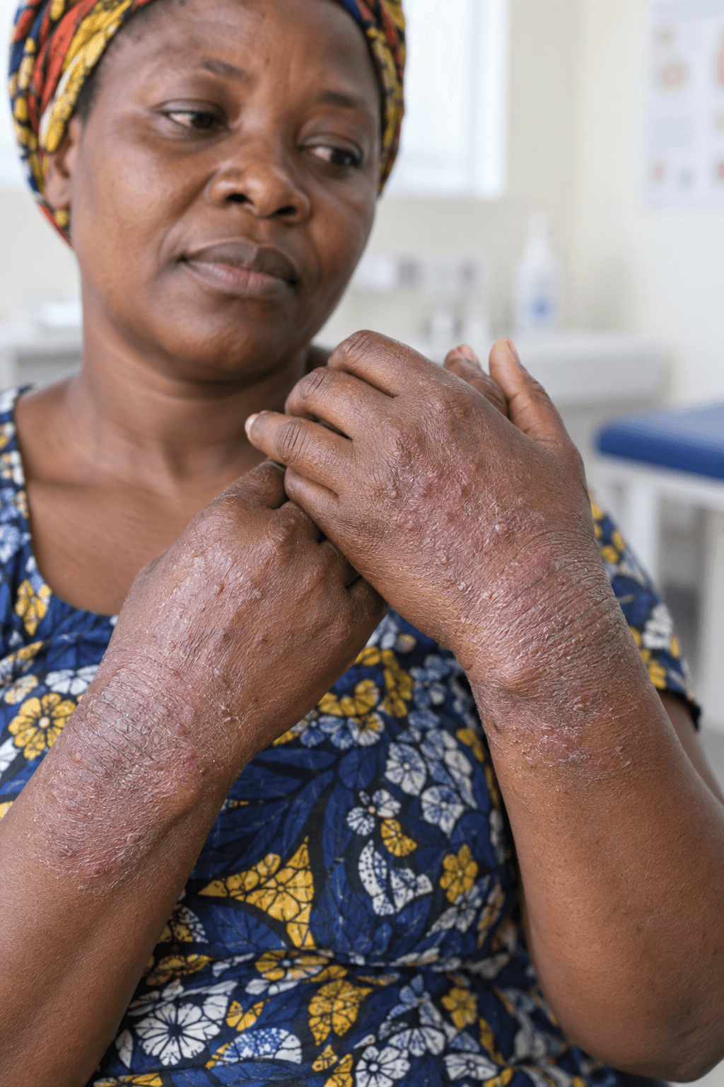 Illustrative close-up of dry, inflamed eczema on hands and wrists