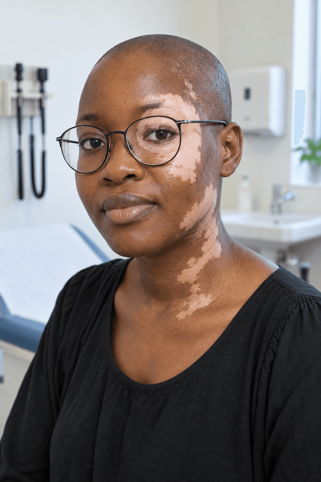 Illustrative close-up of clearly defined facial vitiligo patches on melanin-rich skin