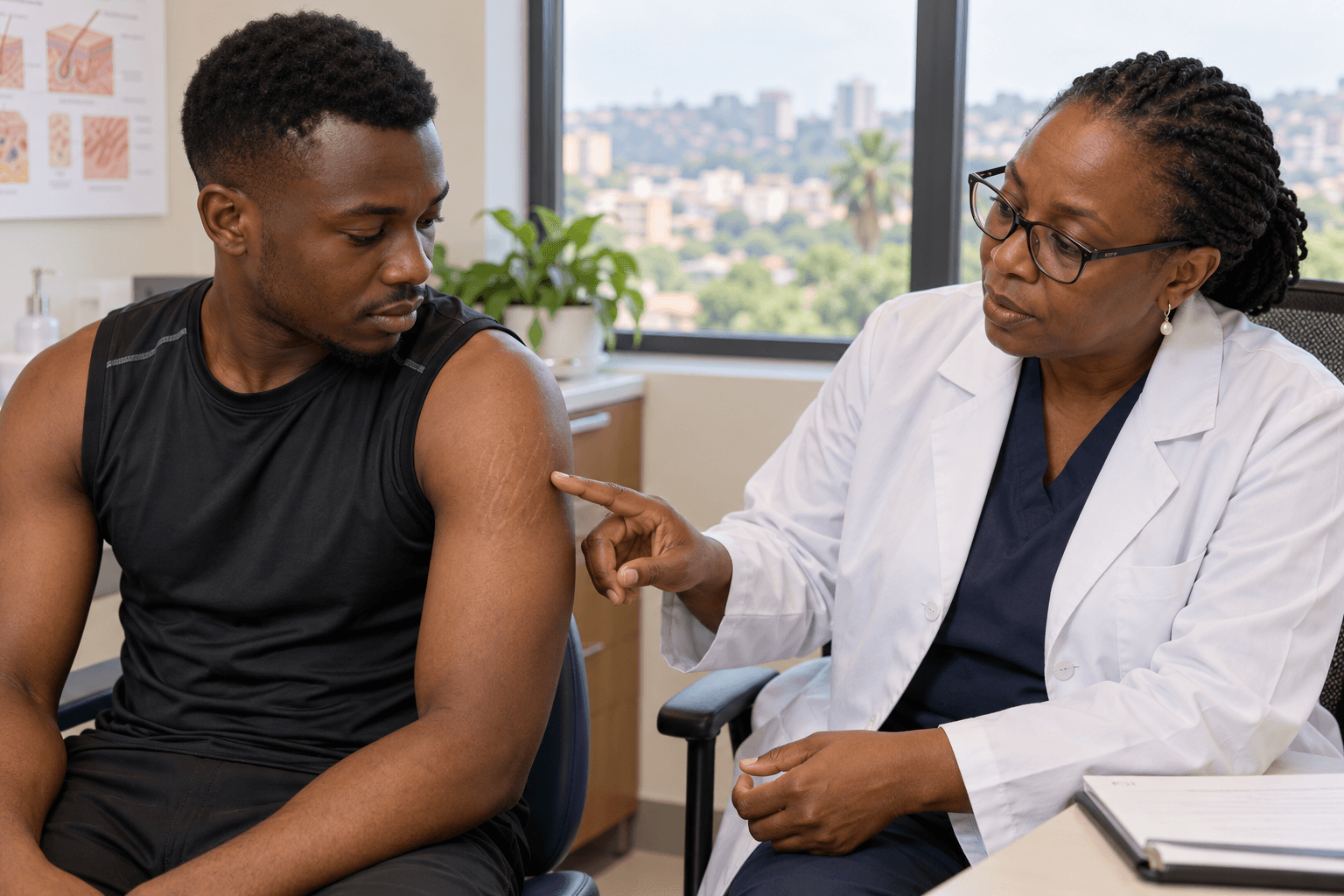 Dermatologist discusses stretch marks on a patient’s upper arm