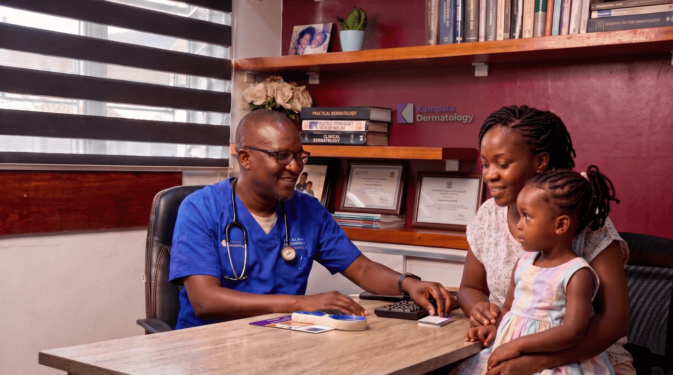 Dermatologist consulting with a mother and child at Kampala Dermatology
