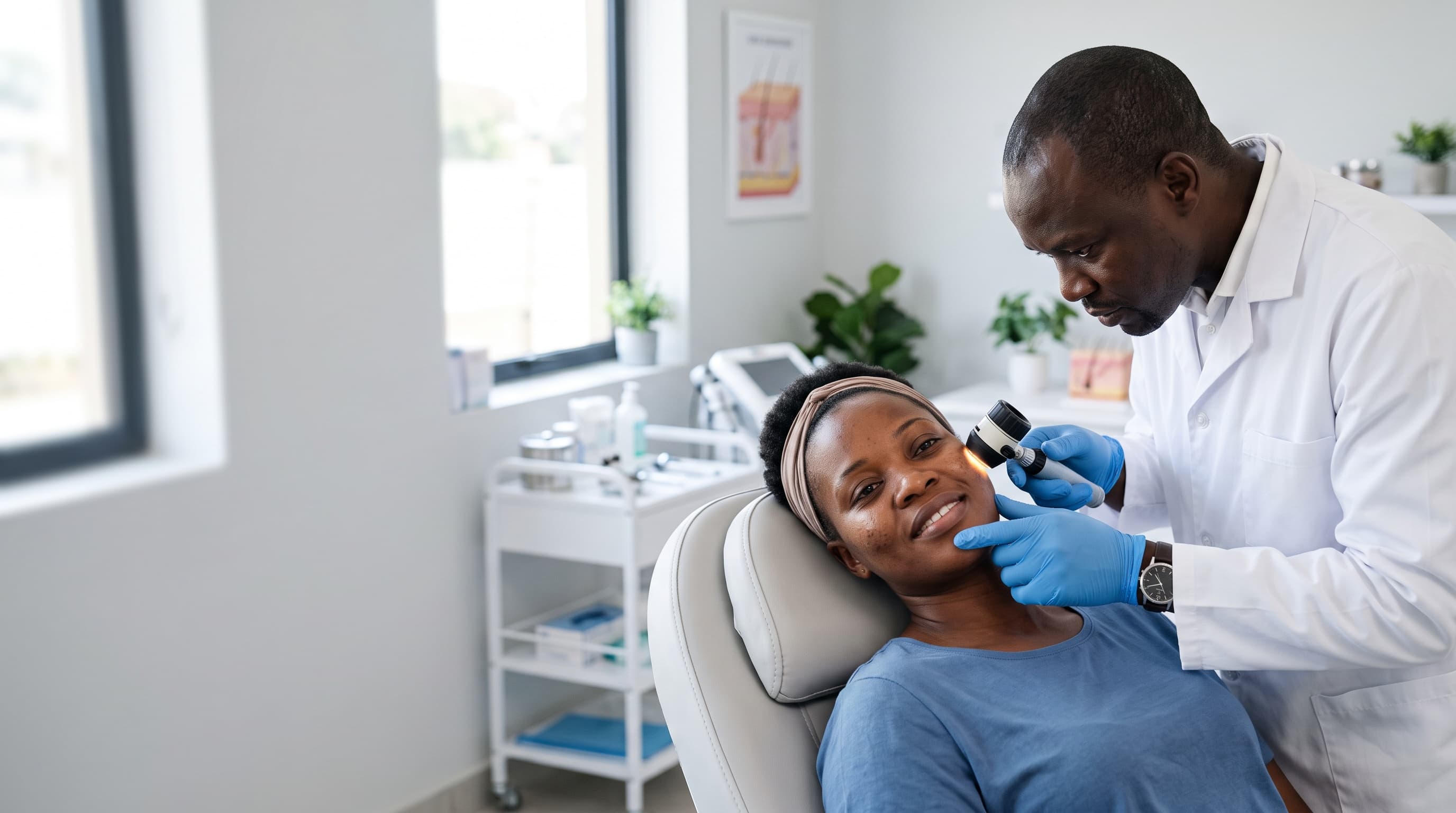 Doctor examining a patient's skin with a dermatoscope