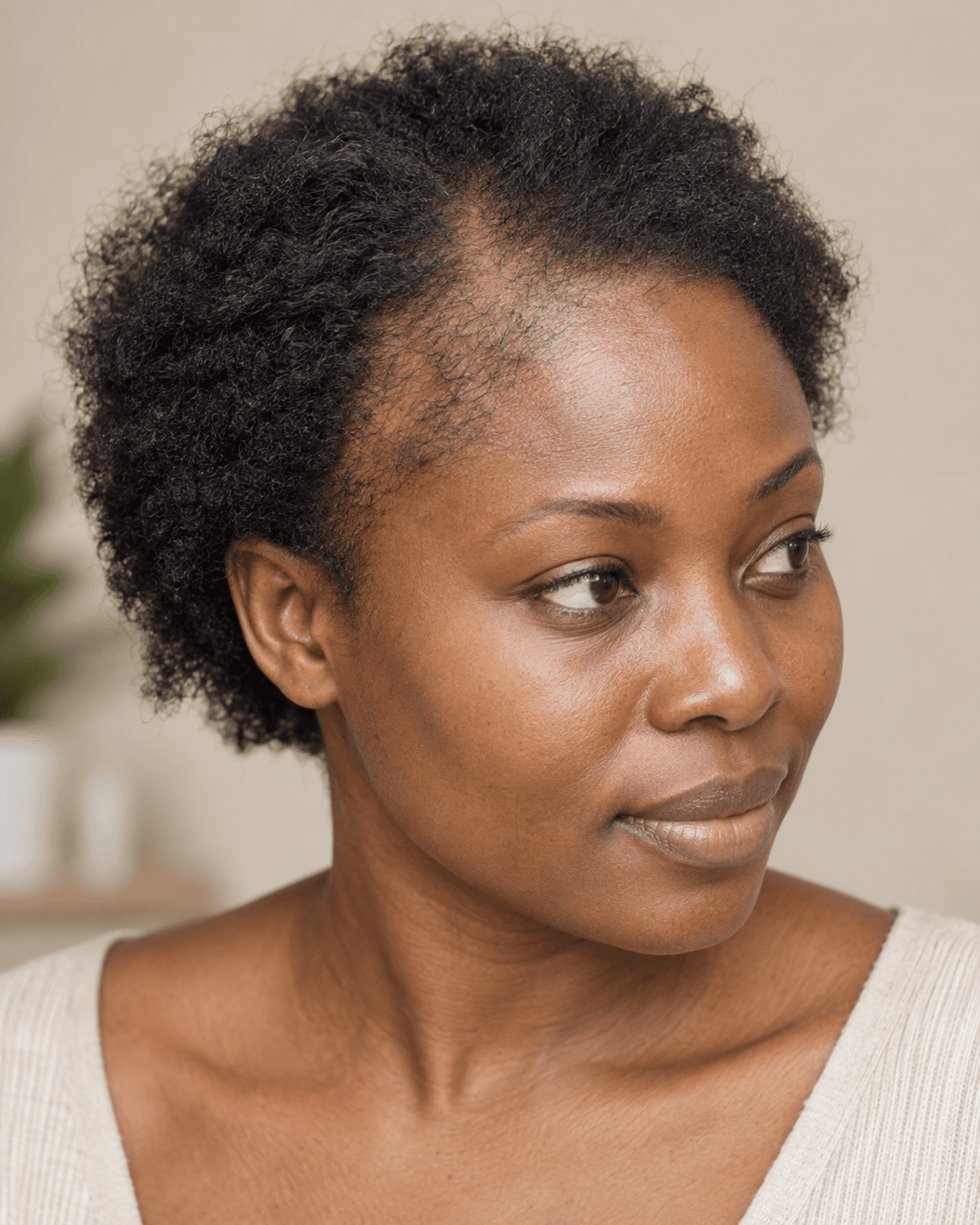 Illustrative close-up of early hair thinning on melanin-rich skin