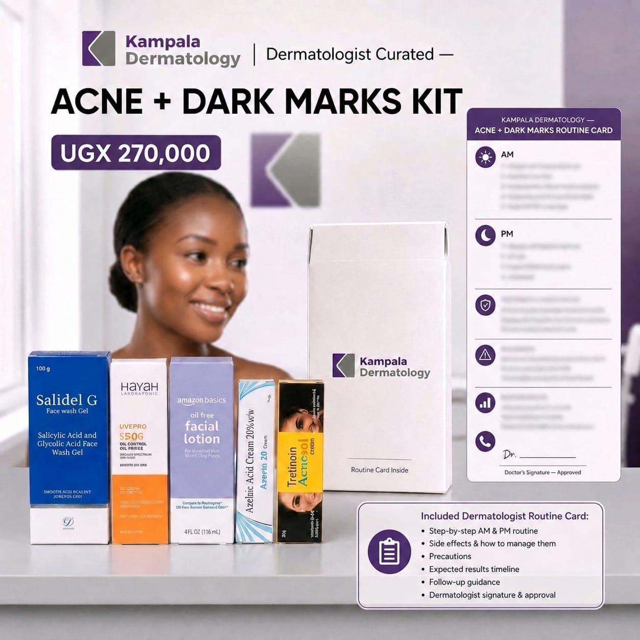Acne + Dark Marks Kit products with the Kampala Dermatology routine card