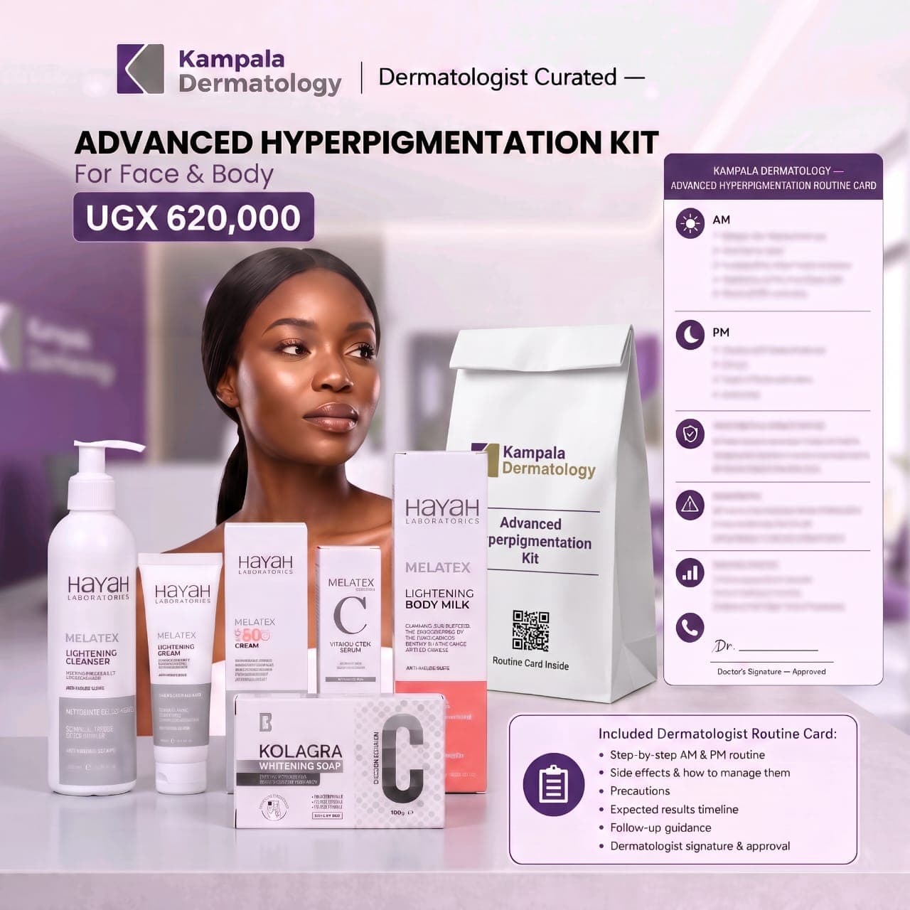 Advanced Hyperpigmentation Kit products with the Kampala Dermatology routine card