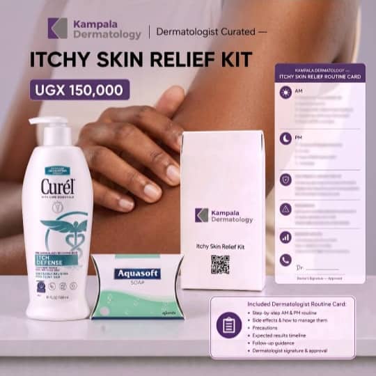 Itchy Skin Relief Kit products with the Kampala Dermatology routine card