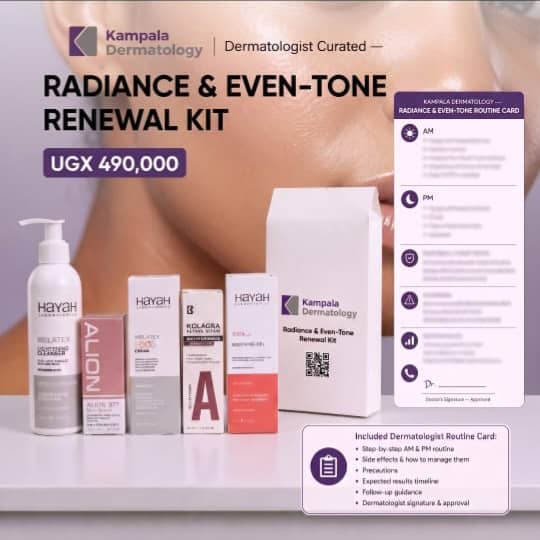 Radiance & Even-Tone Renewal Kit products with the Kampala Dermatology routine card
