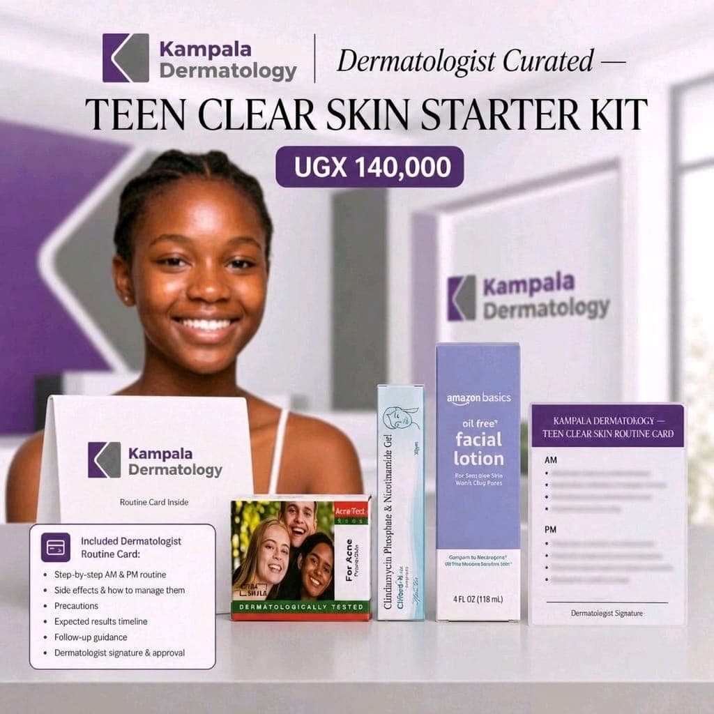 Teen Clear Skin Starter Kit products with the Kampala Dermatology routine card