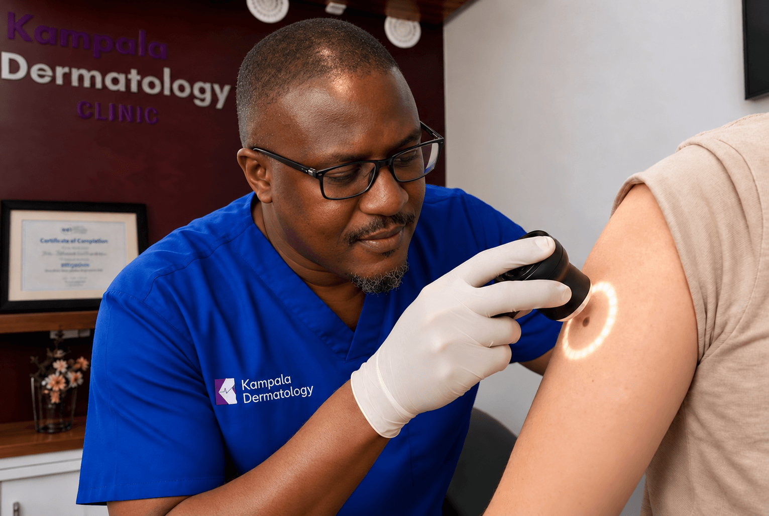 Dermatologist examining a patient’s skin with a dermatoscope