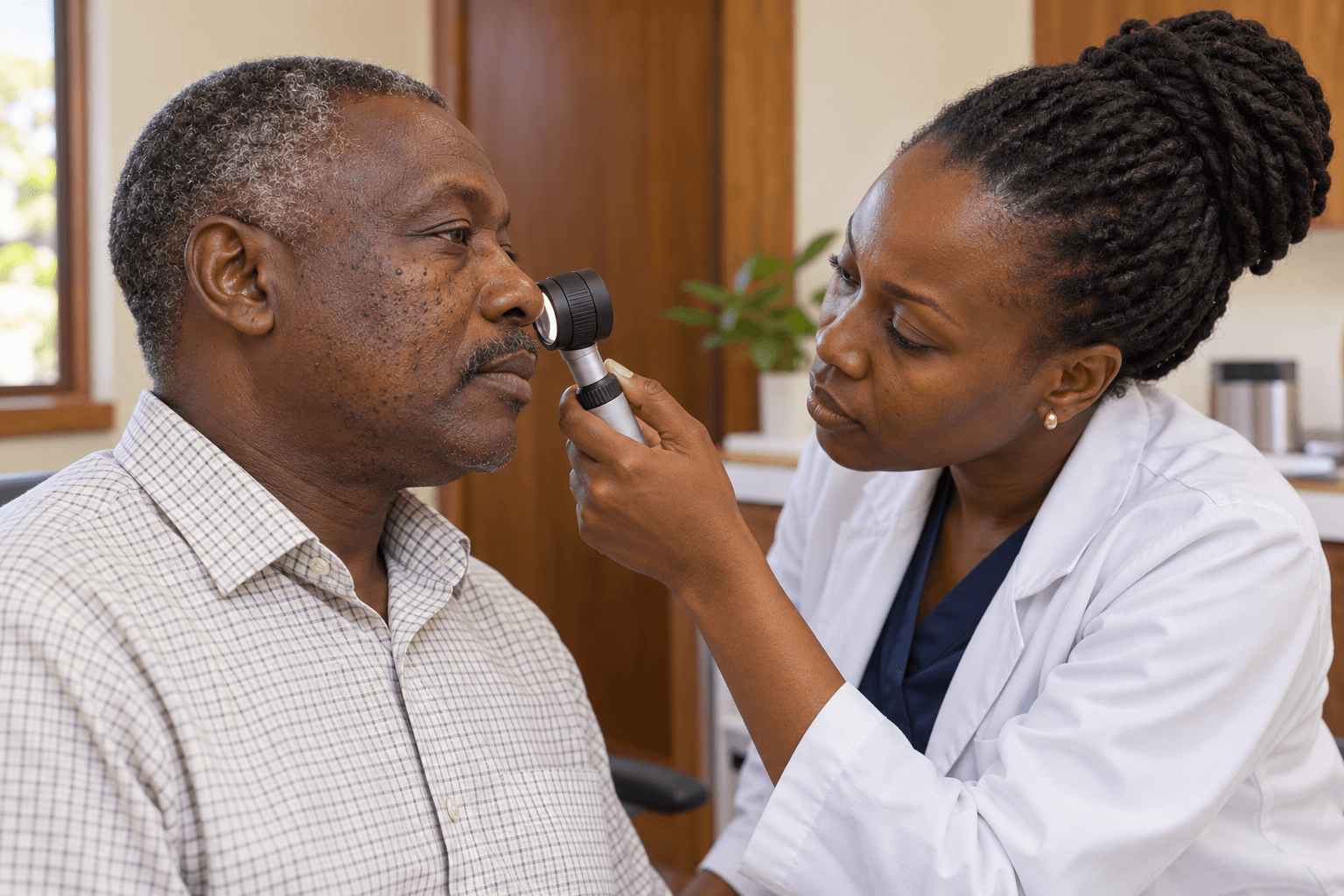 Dermatologist examines DPN papules on a patient’s cheek
