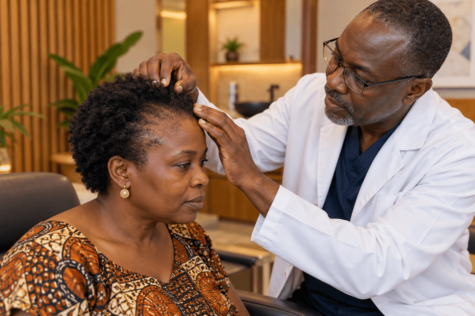 Dermatologist examines a patient’s scalp and hair thinning
