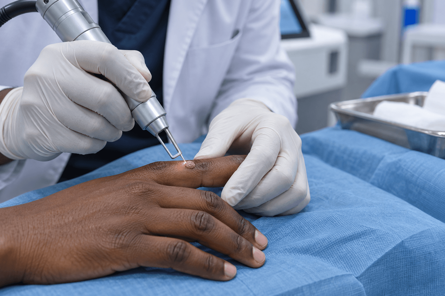 CO₂ laser treatment of a small wart on a patient’s finger